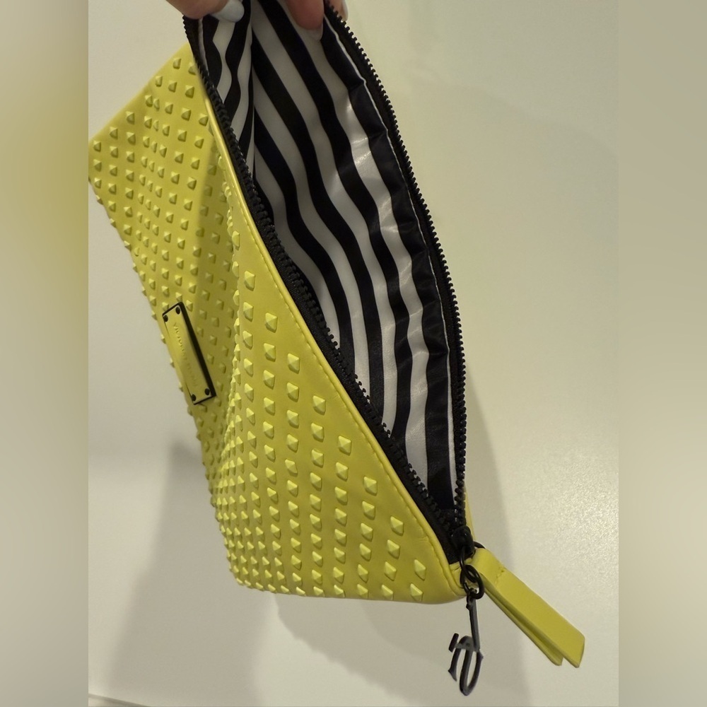 Victorias Secret Bright Yellow Studded Wallet Wristlet Striped Pattern Inside - Picture 4 of 4